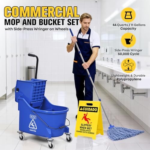 Matthew Cleaning Blue 44Quart Commercial Mop Bucket INCL.Wet String Mop& 19'' Industrial Wet Floor Sign with Side Press Wringer On Wheels,Tandem Portable Floor Cleaning Wavebrake,Ideal for Household - Image 2