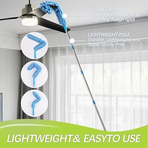 High Reach Duster Kit with14 ft Extension Pole High Ceiling Dusting and Window Cleaning Kit with Spliceable Pole - Cobweb Duster, Fan Blade, Window Washer & Squeegee and Feather Dusters - Image 4