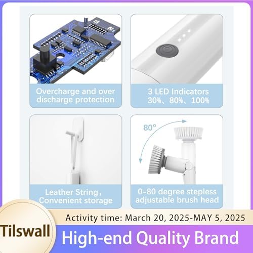 Tilswall Cordless Electric Spin Scrubber - IPX7 Waterproof Cleaning Brush with 180Min Runtime & 43" Extendable Handle, Ideal Gift for Home/Bathroom/Car (Includes 4 Brush Heads) - Image 6