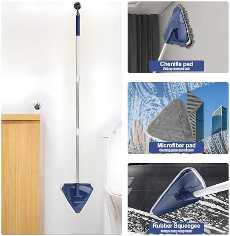 Wall Cleaner Mop with 82" Handle, 360° Rotating Triangle Head and Microfiber Pads, Built-in Squeegee for Ceiling Mop, Baseboard Cleaning and Windows - Image 4