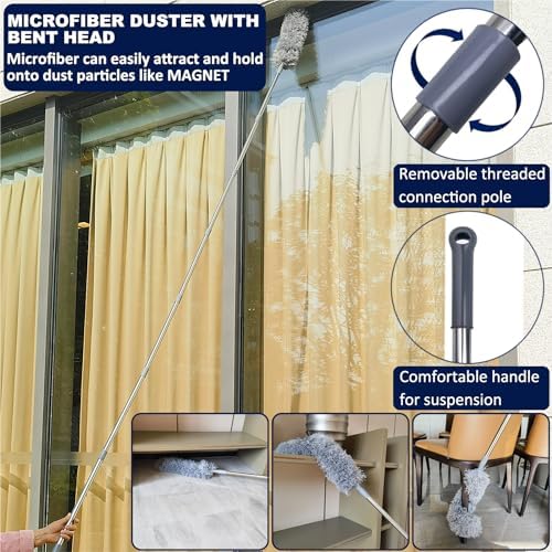 Tonmp 3 Pack 20+ Feet High Reach Grey Microfiber Feather Duster with 3-14 ft Spliceable Pole Cobweb Duster for Cleaning Fan, Spider Web, High Ceiling, Blinds, Furniture Cleaning Tool Kit, Gray - Image 4