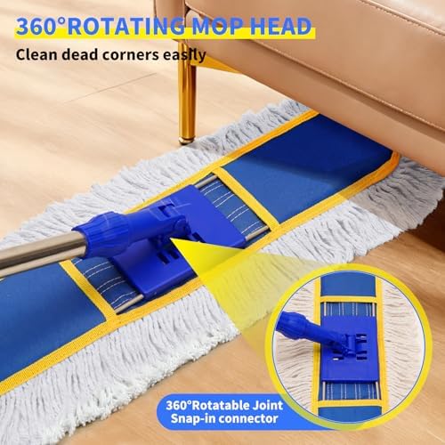 29.5" Commercial Dust Mop for Floor Cleaning,Heavy Duty Floor Duster with 2 Cotton Reusable Mop Pads,61” Long Handle Wet Dry Flat Mops for Hardwood Floors,Marble, Laminate,Tile,Concrete,Garage (Blue) - Image 4