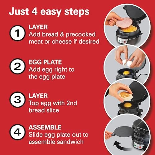 Hamilton Beach Breakfast Sandwich Maker with Egg Cooker Ring,Customize Ingredients,Perfect for English Muffins,Croissants,Mini Waffles,Perfect White Elephant Gifts,Black (25477),(Pack of 4) - Image 5