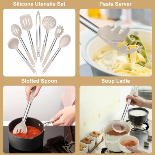 E-far Silicone Cooking Utensils Set, 7-Piece Khaki Kitchen Utensils Set - Image 3