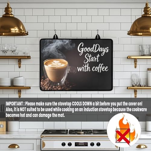 Coffee Cup with Beans Print Stove Top Cover for Electric Stoves, Vintage Coffee Themed Glass Cooktop Cover 28x20 Inch Brew Hot Cafe Pattern Dish Drying Mat for Kitchen Countertop Coffee Bar - Image 4