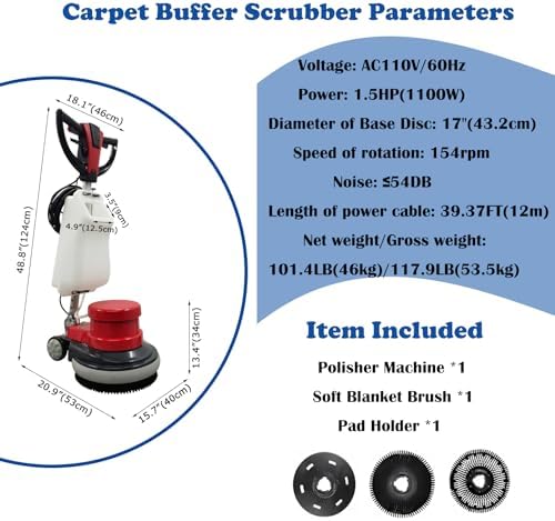Floor Polisher Commercial Floor Scrubber Buffer Carpet Buffer Scrubber 17" Heavy Duty Polisher Machine 154RPM Multifunctional Carpet Cleaner with 3Gal Water Tank 110V - Image 2