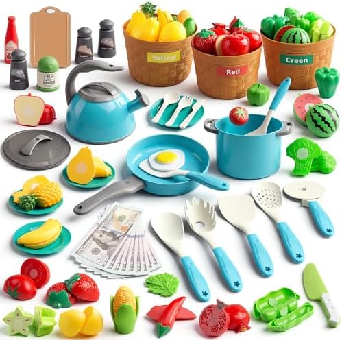 90Pcs Kitchen Playset Accessories, Pretend Cooking with Pots, Pans, Cookware, Food, Fruit, Veges, Color Sorting Baskets, Prop Money, Learning Gift for Girls Boys Toddlers (Turquoise) by JOKERKING