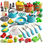90Pcs Kitchen Playset Accessories, Pretend Cooking with Pots, Pans, Cookware, Food, Fruit, Veges, Color Sorting Baskets, Prop Money, Learning Gift for Girls Boys Toddlers (Turquoise) by JOKERKING