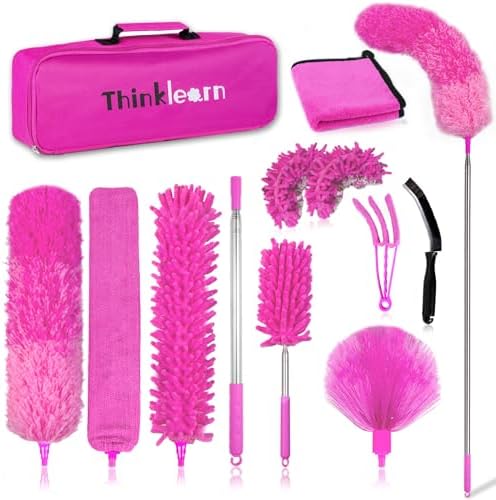 ThinkLearn Microfiber Dusters for Cleaning,14PCS Feather Dusters with Extension Pole,Bendable Washable and Extendable Duster for High Ceilings, Fans and Blinds House Cleaning Kit Pink Gift for Women by THINKLEARN