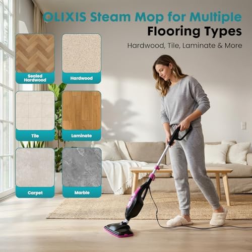 OLIXIS 10-in-1 Steam Mop, 1550W Detachable Handheld Steam Cleaner for Floor Cleaning, 16.4FT Cord, 2 Washable Pads, Multi-Purpose Floor Steamer for Hardwood, Carpet, Tile, Grout, Windows, Black Pink - Image 2