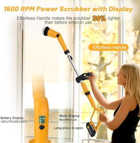 Qimedo 1500 RPM Electric Spin Scrubber with Two Batteries Q2 Pro, Cordless Battery Powered Shower Scrubber,Electric Tile Floor Scrubber with Display for Grout/Tile/Tub (Effortless Handle/8 Brushes) - Image 4