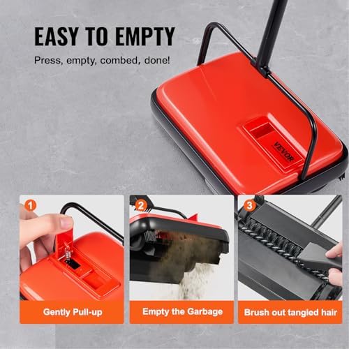 VEVOR Carpet Sweeper Manual, Floor Sweeper with 300 ml Dustbin Capacity Easy to Empty, 6.7 inch Cleaning Width for Home Office Carpets Pet Hair Dust, Red - Image 4