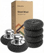 8 Pcs Steel Wool Scrubbers with 2 Pcs Handle,Stainless Steel Scouring Pads for Cast Iron Skillets, Grill & Kitchen Pots - Rust Resistant, Non-Splintering Heavy Duty for Tough Grease by Unknown
