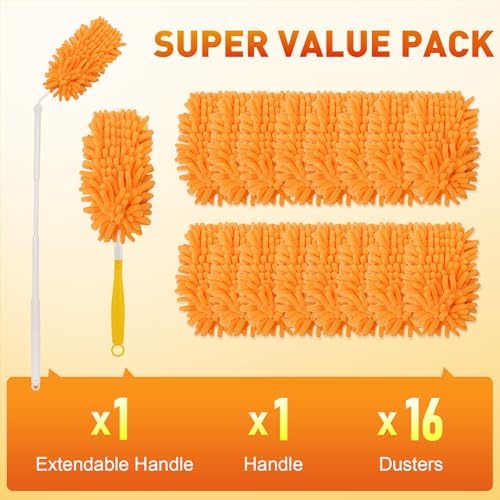 16Pcs Reusable Duster Refill Compatible with Swiffer Hand Duster +3FT Extended Handle +1 Handle, 360 Heavy Duty Duster Refills for Cleaning, Office, Ceiling Fan - Image 2
