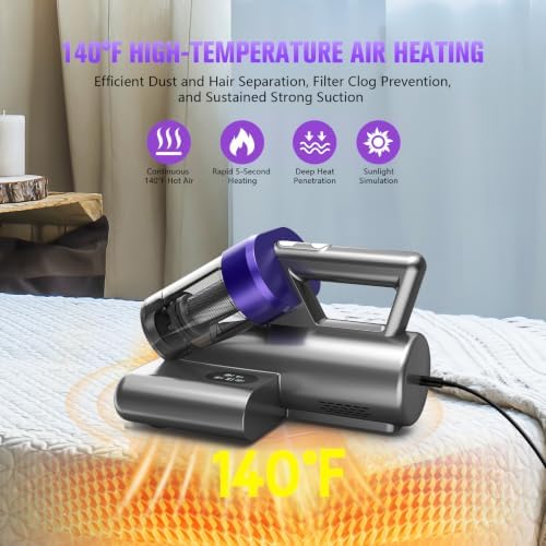Bed Vacuum Cleaner Mattress Vacuum Cleaner,16Kpa Powerful Handheld Vacuums with UV-C Light & Double Dust Cup & High Heating & Ultrasonic & HEPA Filter for Bed Sofa(Corded, Black & Purple) - Image 4
