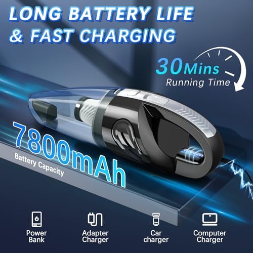 Handheld Vacuum Cordless, 15000Pa Powerful Car Vacuum Cleaner - 7800mAh Rechargeable Portable Mini Vacuum with 70000RPM Motor, 5 Nozzles, Low Noise, Washable Filter, for Car, Home, Office, Pet - Image 3