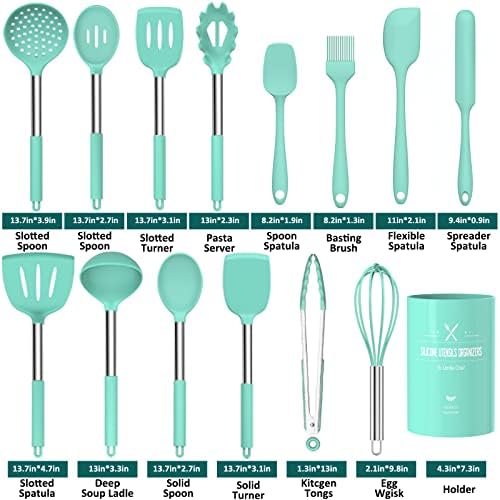 Silicone Cooking Utensil Set, Umite Chef 15pcs Silicone Cooking Kitchen Utensils Set, Non-stick - Best Kitchen Cookware with Stainless Steel Handle - Green - Image 2
