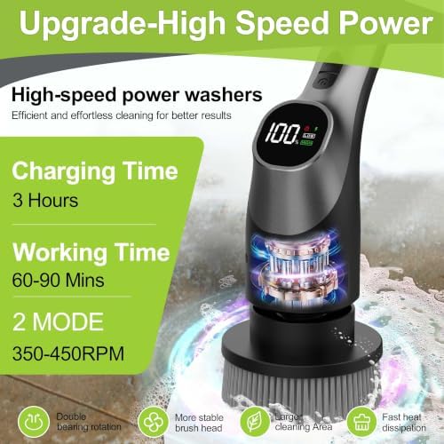 WKY-Electric Spin Scrubber - 10-in-1 Cordless Shower Scrubber & Cleaning Brush with Extendable Handle, 42 in-lbs Ultra High Torque, 2 Speeds, IPX7, LED Display, Smart AI Chip, for Bathroom, Kitchen - Image 3
