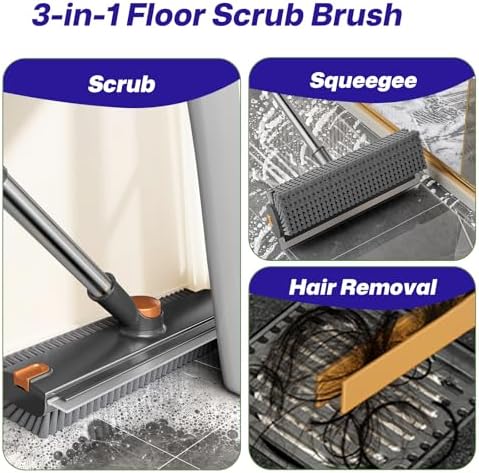 3-in-1 Floor Scrub Brush with Long Handle, Scrape and Heavy-Duty Stiff Bristle Floor Scrubber Brush with Squeegee and Tweezer for Cleaning Tile Kitchen Wall Deck Bathroom Patio Garage - Image 2