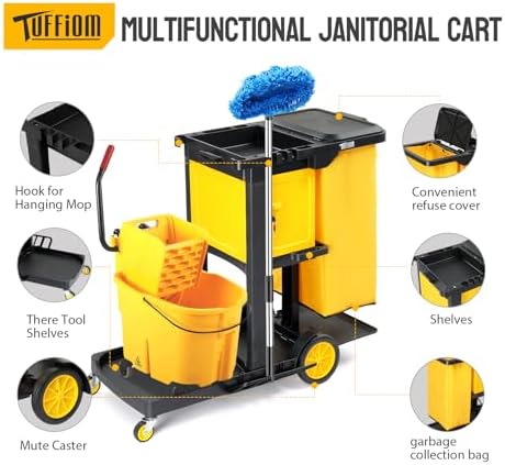 TUFFIOM Janitorial Cart with Key-Locking Cabinet, 3-Shelf Commercial Cleaning Cart, Housekeeping Caddy with Locker,Wheeled with Yellow Vinyl Bag, Black, Great for Hotel, Stores, Schools, and Business - Image 2