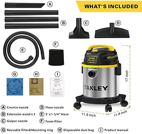 STANLEY 3 Gallon Wet Dry Vacuum, Powerful 4 Peak HP Motor, Portable Stainless Steel 3 in 1 Multifunctional Shop Vacuum with Blower, Model: SL18136 - Image 3