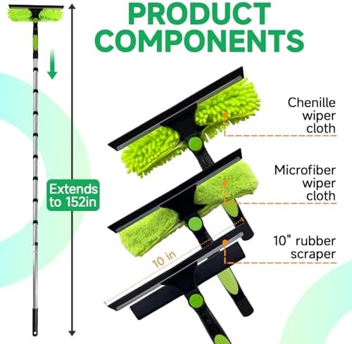 2 in 1 Window Squeegee Cleaner Kit Extension Pole, 152 in, Green - Image 3