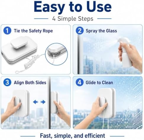 6-in-1 Magnetic Window Cleaner, Anti‑Pinch Handle with Safety Rope (8-15mm) - Image 4