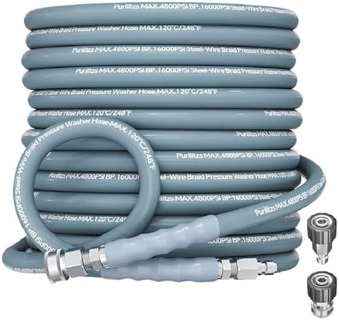 50ft Pressure Washer Hose 4800PSI, 3/8" Power Washing Hose Steel Wire Braided with Swivel Quick Connect, Non Marking Commercial Grade High Pressure Water Hose by PURILITZS
