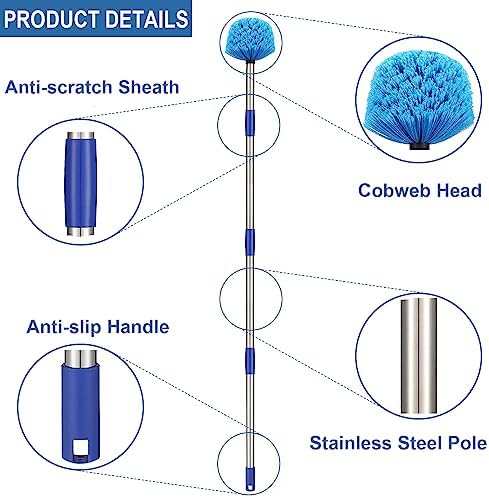Cobweb Duster with Pole, 6ft Stainless Steel Pole Cobweb Brush with Medium-Stiff Bristles for Walls Beams Shelves Iight Fixtures and Window Screens - Image 2