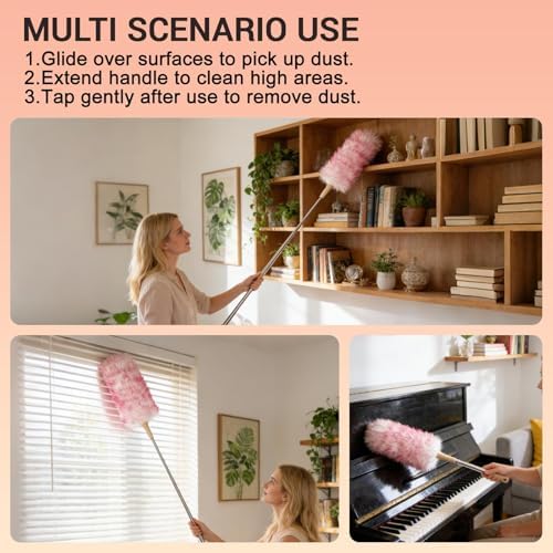Lambswool Duster Extendable 22–55 Inch Natural Wool Duster with Flexible Head for Ceilings Furniture Blinds Electronics Washable Reusable-Red - Image 6