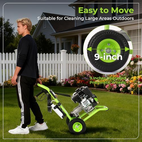 Professional 4200PSI 4GPM 212CC Gas Pressure Washer, 7.0HP Heavy-Duty 3600RPM Commercial/Household Gas Power Washer with 1L Foam Bottle 9" Wheels 5 Nozzles 25FT Hose (EPA/CARB/ETL Compliant), Green - Image 6