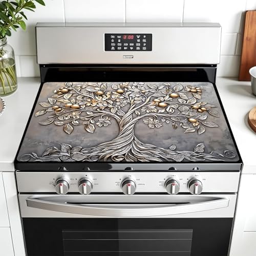 Multi-Design Stove Top Cover for Glass/Electric Stoves - 3-in-1 Heat-Resistant Protector Mat, Non-Slip Drying Rack 28"x20" (Silver Fruit Tree, 28" L x 20" W) by AOHMPT