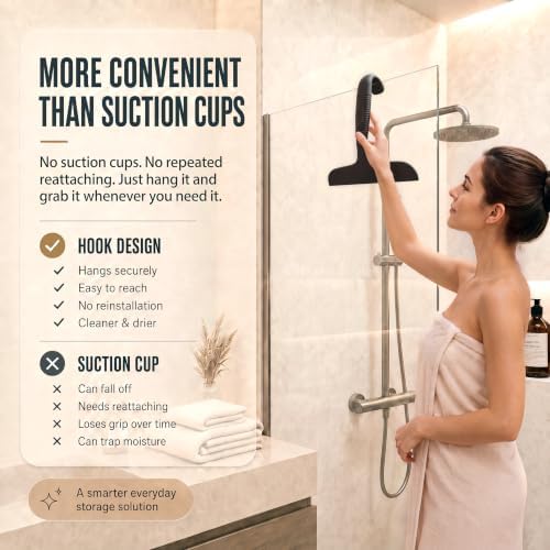 Shower Squeegee for Glass Doors, No-Drill Hanging Shower Door Cleaner for Glass,Silicone Bathroom Squeegee with Built-in Hook, Window, Mirror, Tile, Streak-Free Wiper, Black - Image 2