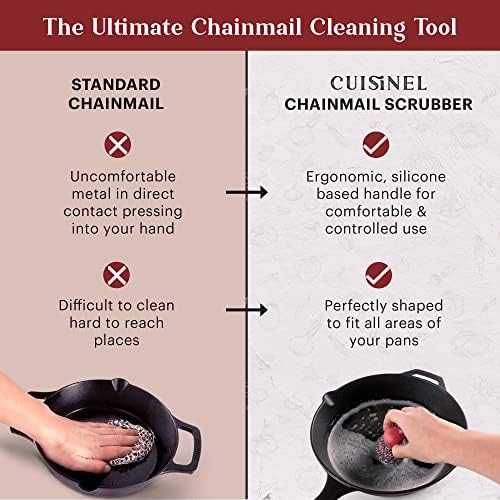 Cuisinel Cast Iron Chainmail Scrubber + Pan Scraper - The Patented Original Ergonomic Stainless & Silicone Pot & Skillet Cleaner - Premium Food-Safe Design - Easy Clean Dishwasher Safe Cookware Sponge - Image 6