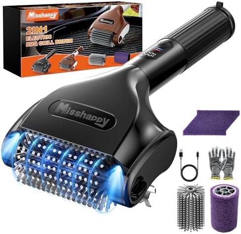 Misshappy Electric BBQ Grill Brush - 4000mAh Cordless BBQ Grill Cleaner 2 Speed - 800RPM Bristle Free Electric Grill Cleaner for Outdoor Grill Rechargeable with Scraper/LED Light/LED Display (Black) by Unknown