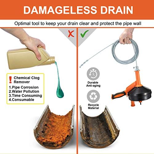 Drain Auger, Clog Remover with Drill Adapter, 25 Feet Flexible Plumbing Snake Use Manually or Powered for Kitchen, Bathroom and Shower Sink, Comes with Gloves (orange) - Image 4