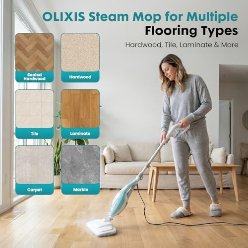 OLIXIS 10-in-1 Steam Mop, 1550W Detachable Handheld Steam Cleaner for Floor Cleaning, 16.4FT Cord, 2 Washable Pads, Multi-Purpose Floor Steamer for Hardwood, Carpet, Tile, Grout, Windows, White Green - Image 2