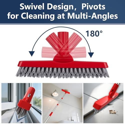 2 Pack Grout Brush with Long Handle, Swivel Cleaning Grout Line Scrubber - Extendable Durable Handle Grout Cleaner Brush for Bathroom,Tile,Baseboard,Walk in Shower,Corner & Narrow Space (Red) - Image 4
