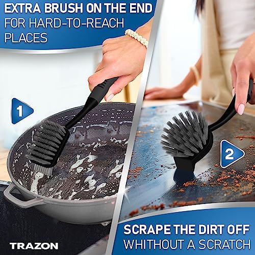 Dish Brush Set of 5 with Holder - Kitchen Scrub Brushes with Non-Slip Long Handle for Cleaning, Scrubber, Dishwashing, Dishes, Bottles, Straws, Cups, Pots & Sink, Black - Image 3