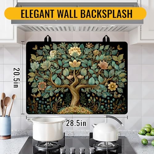 NYZE Stove Top Cover for Electric Stove 28x20 Inch Silicone Stove Topper & Protector, Decorative Kitchen Mat for Electric/Glass Stove Top (Teal & Gold Floral Tree) - Image 3