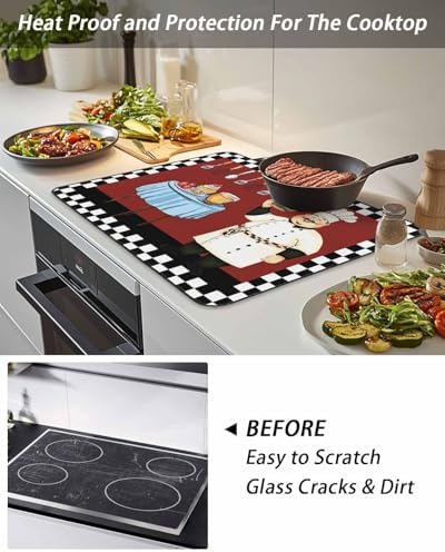 Kitchen Fat Chef Stove Top Covers for Electric Stove, Farmhouse Red Cook Induction Cooktop Cover Protector, White Black Plaid Range Mat for Glass Top Stove, Kitchen Countertop Dish Drying Mat, 28"x20" - Image 5