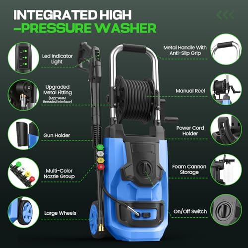 2026 New 5000 PSI Electirc Pressure Washer with 3 Levels Adjustable Pressure Gun, 4 Nozzles and Foam Cannon, Heavy Duty Power Washer for Home/Car/Fence/Garden, 20FT Hose+35FT GFCI Cord, Blue - Image 4