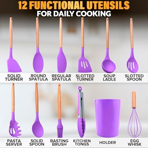 12 Pcs Purple Kitchen Accessories Set with Holder, Silicone Heads - Image 2