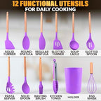12 Pcs Purple Kitchen Accessories Set with Holder, Silicone Heads - Image 2
