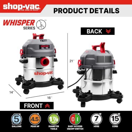 Shop-Vac 5 Gallon Ultra Quiet Shop Vacuum Wet and Dry, 4.5 Peak HP, 5430542 - Image 3
