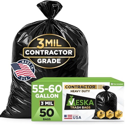 Veska Contractor Garbage Bags 55 Gallon 3 MIL Heavy Duty (MegaValue 50 Bags w/Ties) Contractor Trash Bags 50-60 Gallon 3 Mil Contractor Bag Heavy Duty 55 Gallon, Extra Large Industrial Contractor by Veska