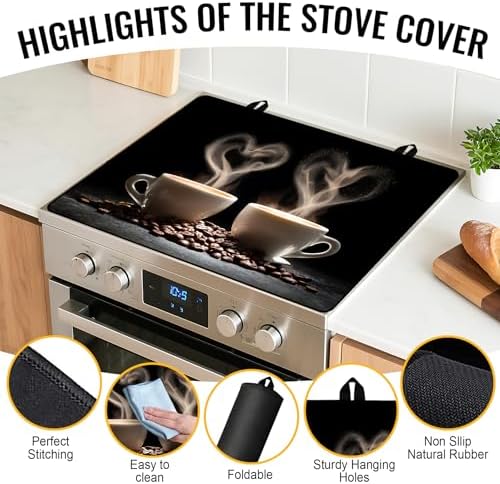 NYZE 28x20 Inch Electric Stove Top Cover - Heat Resistant Glass Flat Top Stovetop Protector Mat, Coffee Themed Dish Drying Mat & Extra Counter Space Saver for Kitchen Decor - Image 2