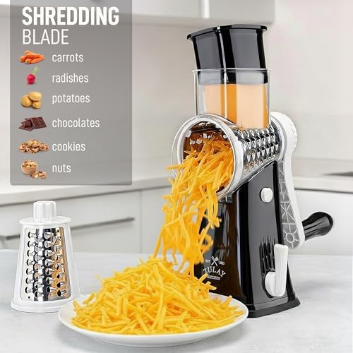 Rotary Cheese Grater Manual Hand Crank 5 Blade Shredder, White & Black - Image 3