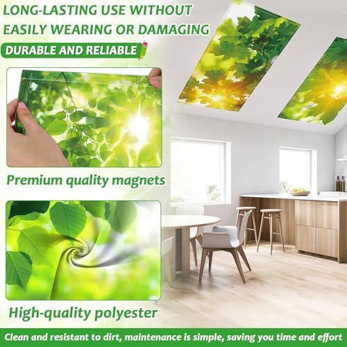 Wiooffen 6 Pcs Fluorescent Light Covers with 60 Magnets Decorative for Classroom Ceiling Light 4 x 2 Feet Magnetic Light Covers Filter Easy Install for Office Hospitals & Home(Green Leaves) - Image 3