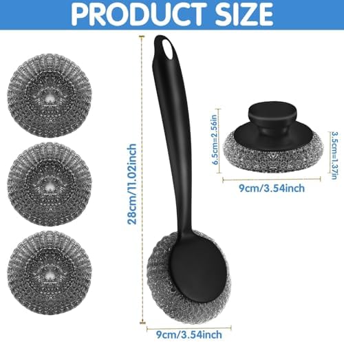 Scrubber with Handle Comes with Three Replacement Balls Steel Wool, Short Handle Scrubber, Steel Wool Scrubber Supplies Dish Scrubber, Stainless Steel Scrubber Tool Metal Scrubber for Dishes - Image 6